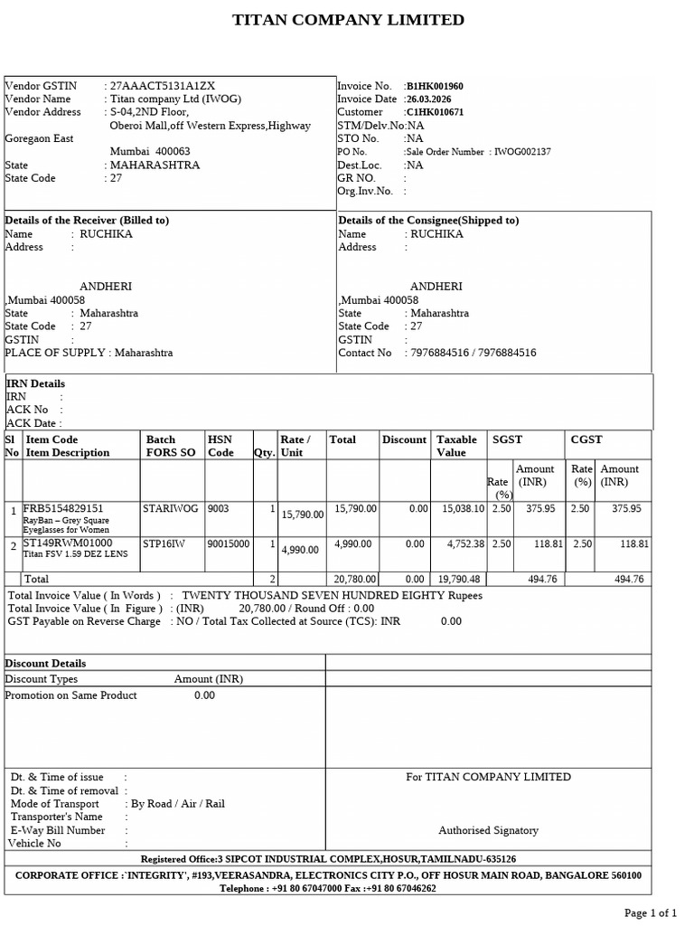 Titan Invoice | PDF | Invoice | Economy Of India