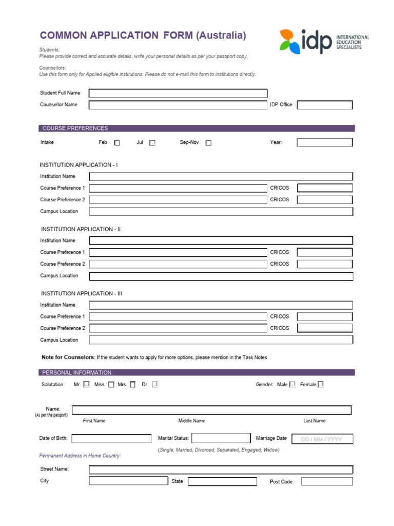 IDP CAP Application Form | PDF | Test Of English As A Foreign Language ...