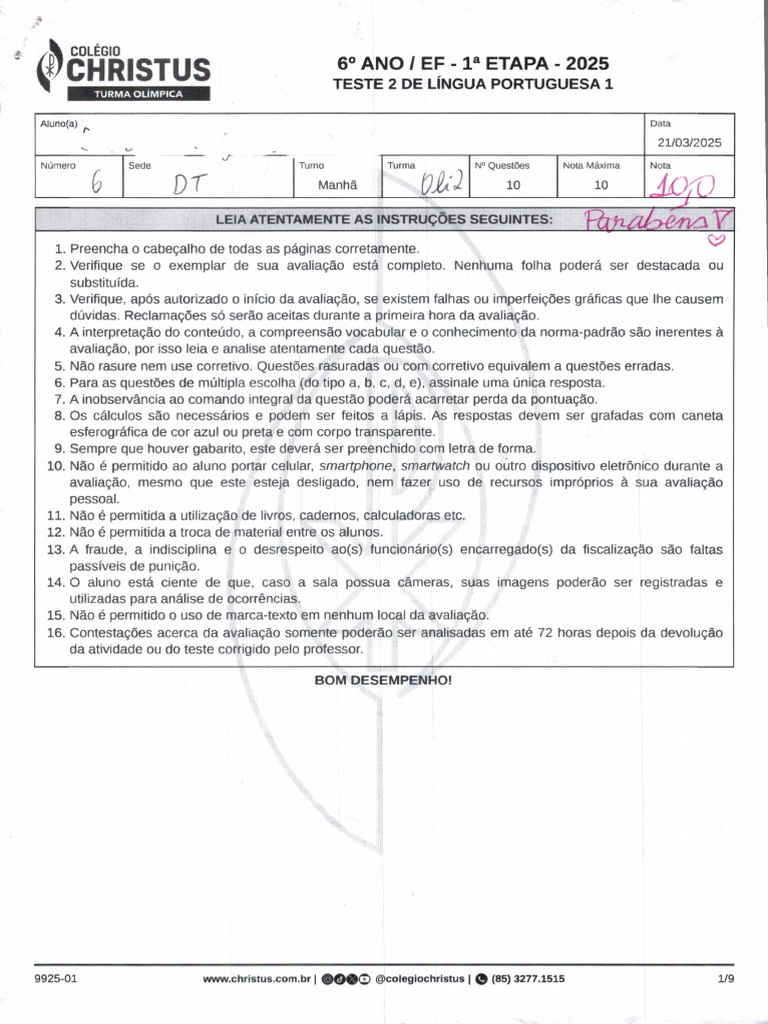 Teste de Lingua Portuguesa 1 6º Ano 1 Eatpa 2025 Data 21.03.25 | PDF