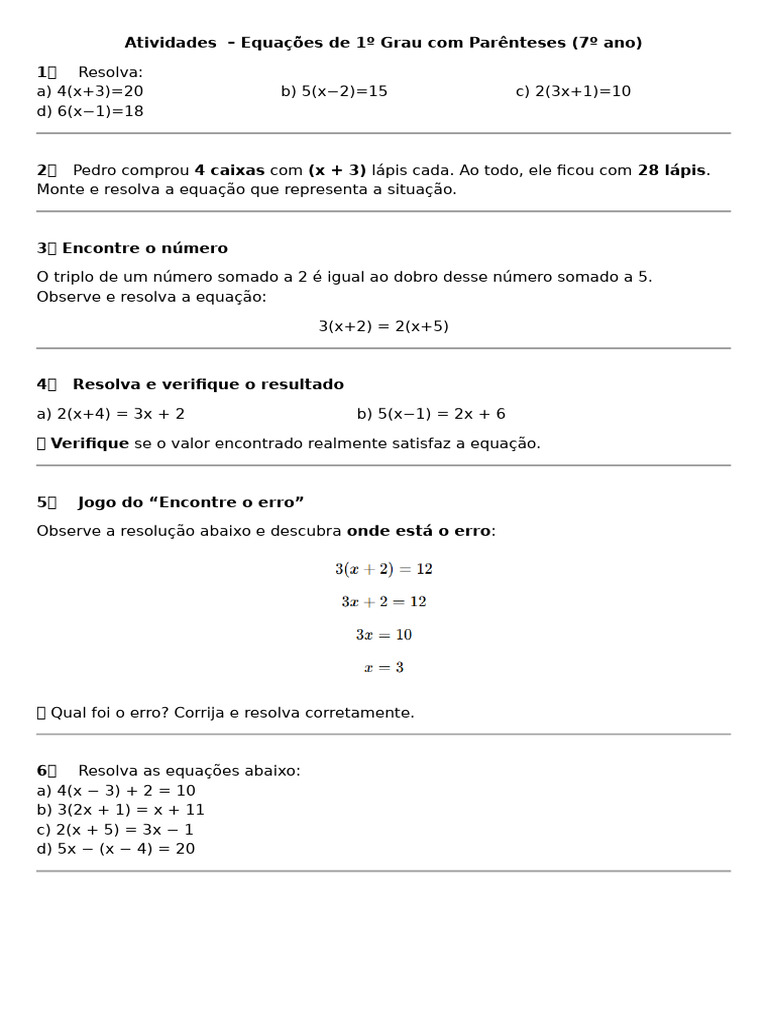Atividades - Equação Com Parenteses | PDF
