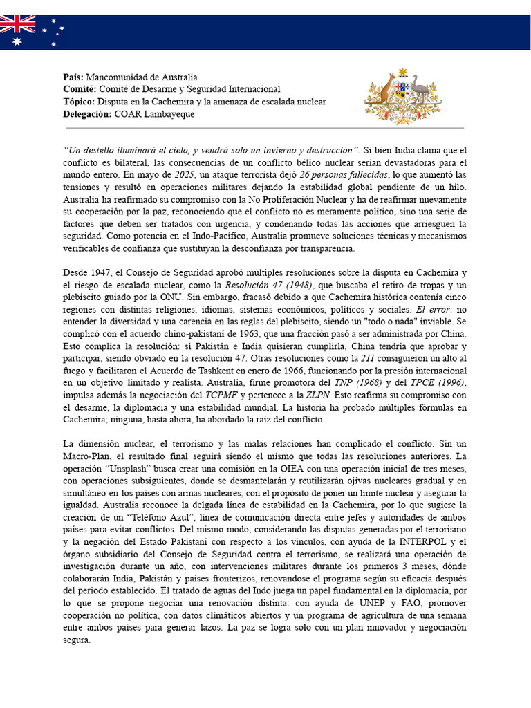 Position Paper Australia DISEC PUCPMUN | PDF | Consejo de Seguridad de ...