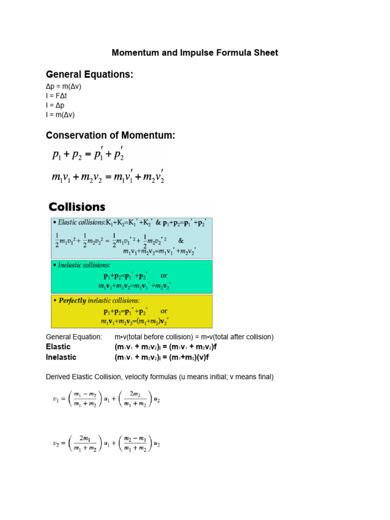 Momentum and Impulse Formula Sheet | PDF