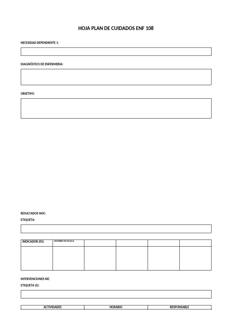 Hoja Plan de Cuidados Enf 108 | PDF