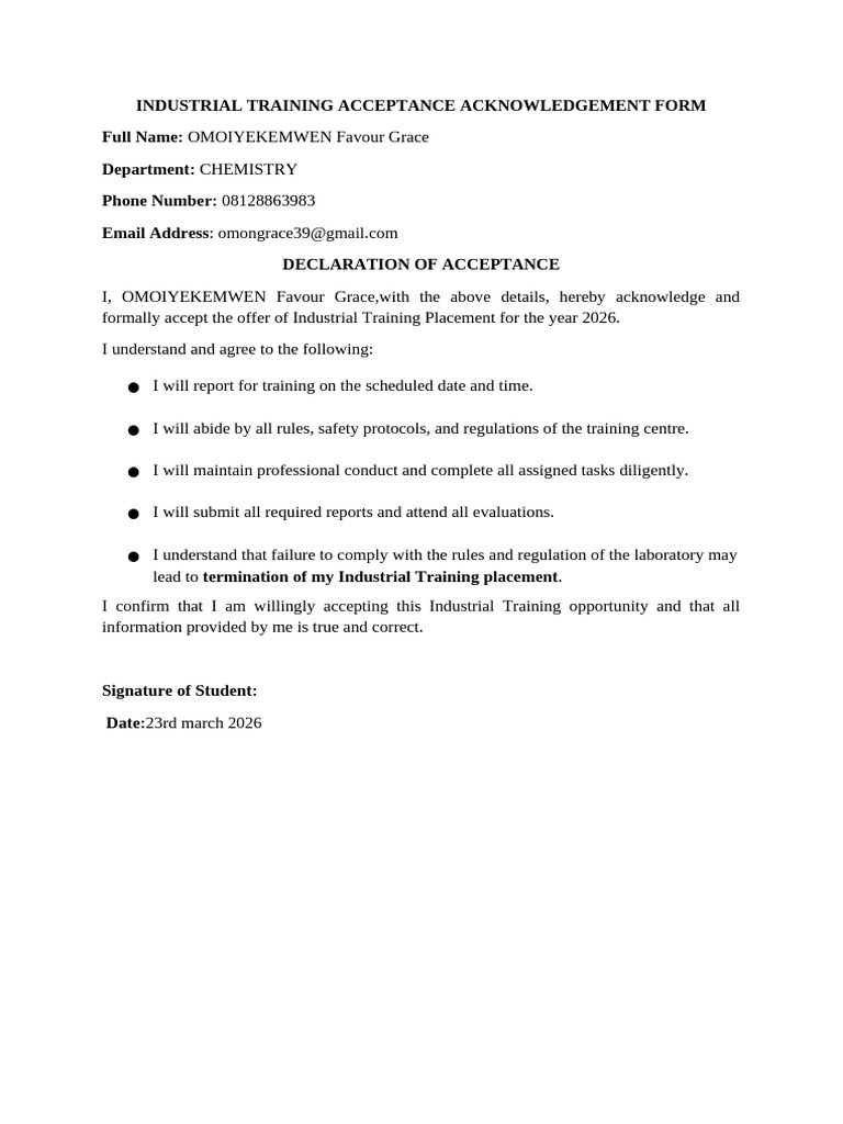 Industrial Training Acceptance Acknowledgement Form | PDF