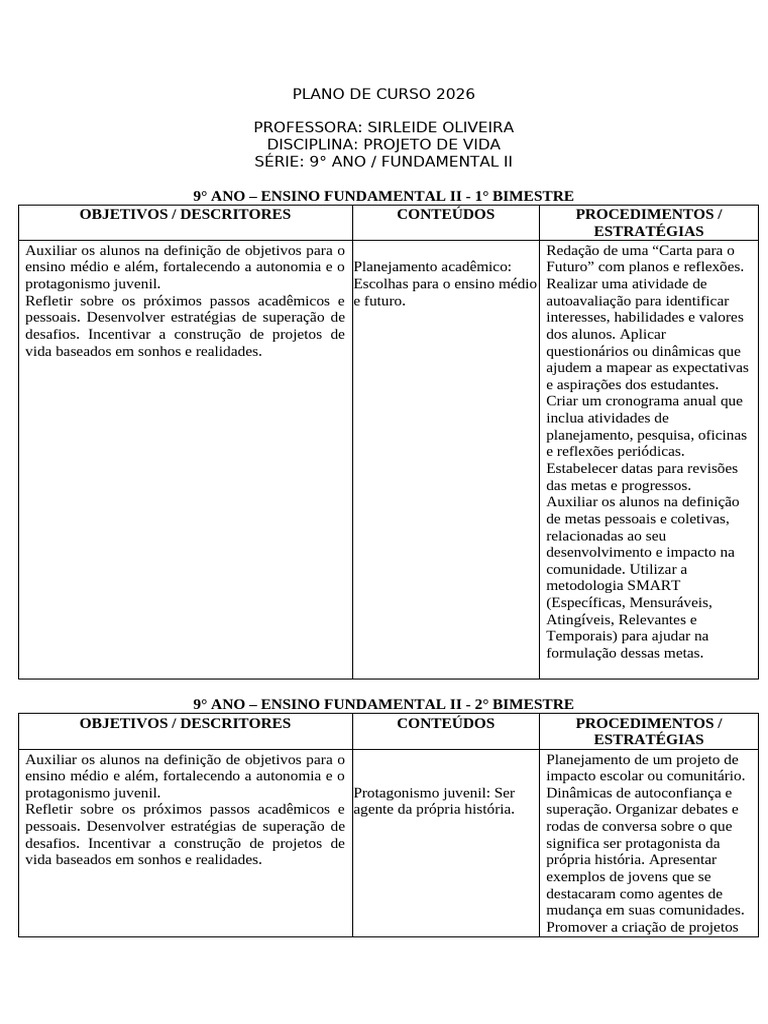 Plano de Curso 2026 - Projeto de Vida | PDF | Resiliência climática