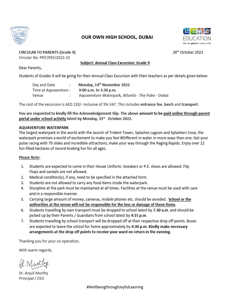 Circular - Class Excursion Grade 9-1 | PDF