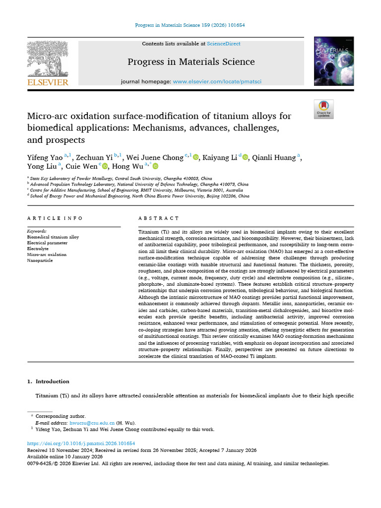 英文 原文 中南大学最新表面改性综述 Progress in Materials Science 钛合金生物医学应用新突破！表面改性的机制 ...