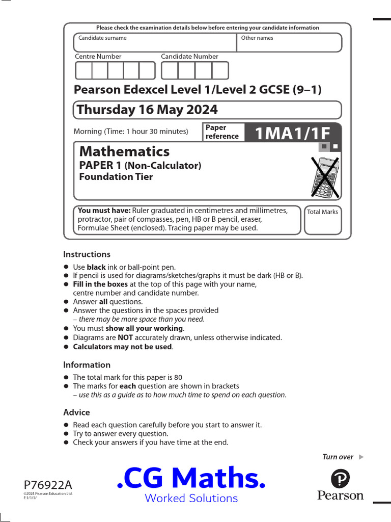 Edexcel GCSE Maths Foundation 2024 June Paper 1 | PDF | Area | Rectangle