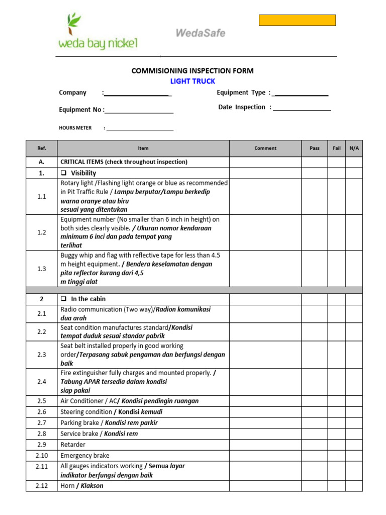 Commissioning Form - Light Truck | PDF | Vehicle Technology | Motor Vehicle