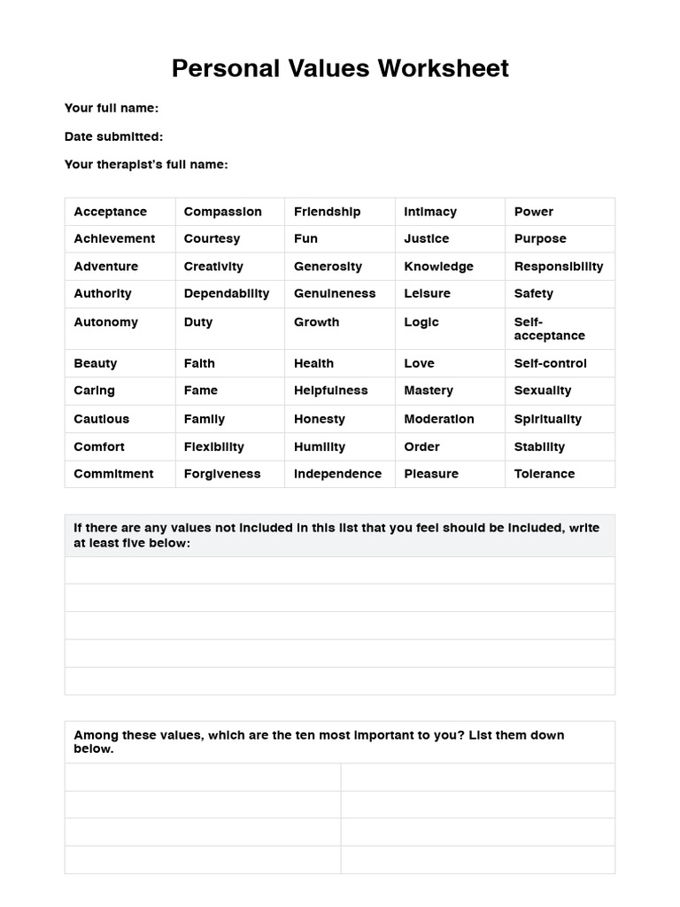 Personal Value Worksheet | PDF