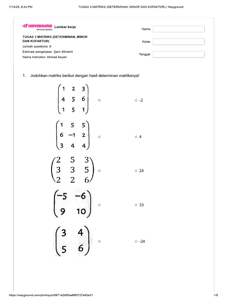 TUGAS 3 MATRIKS (DETERMINAN, MINOR DAN KOFAKTOR) - Wayground | PDF