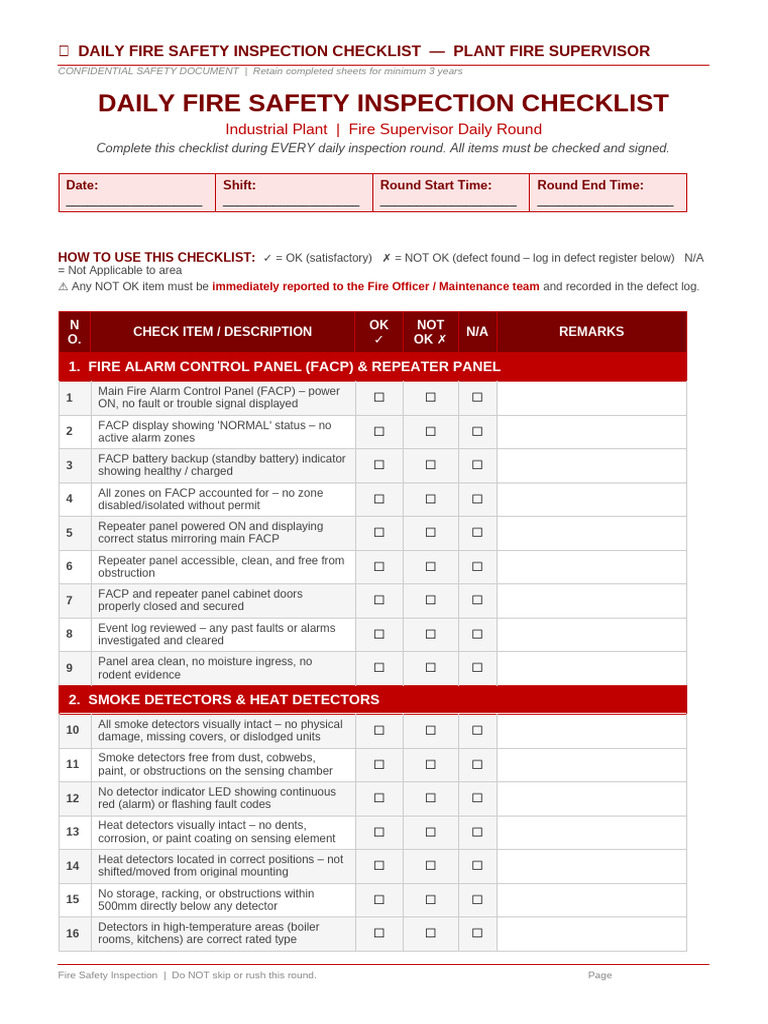 Daily Fire Inspection Checklist | PDF | Pump | Valve