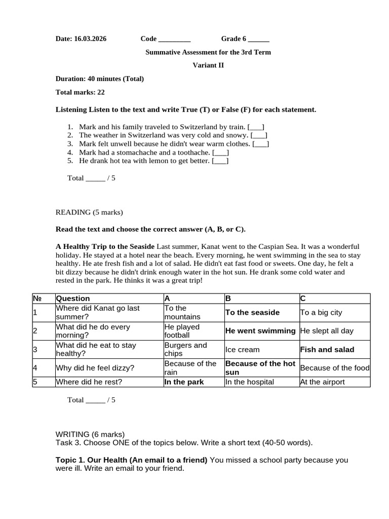 Summative Assessment For The 3rd Term Grade 6 Variant 2 | PDF