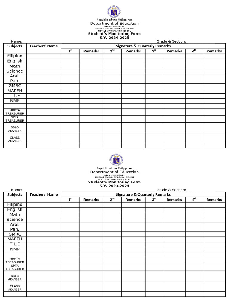 Students' Monitoring Form | PDF