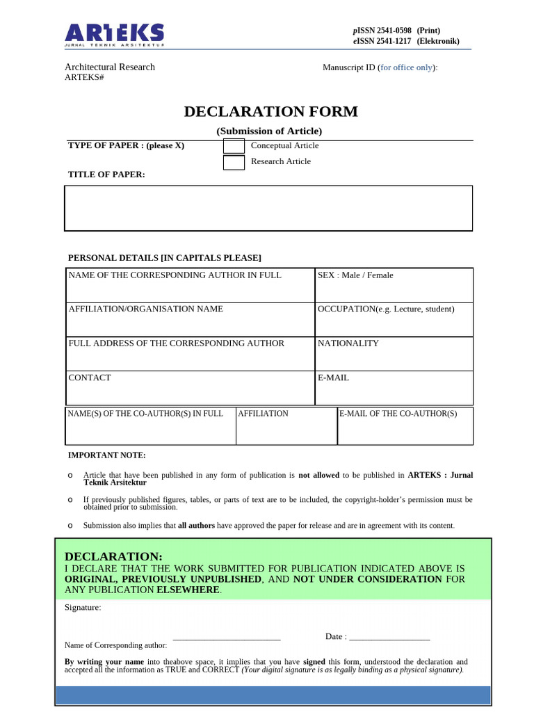 Declaration Form ARTEKS - Jurnal Teknik Arsitektur | PDF