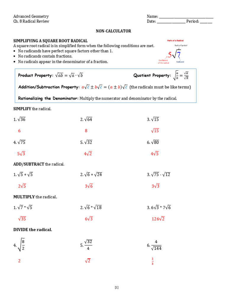 Ch. 8 Radical Review KEY | PDF | Numbers | Discrete Mathematics