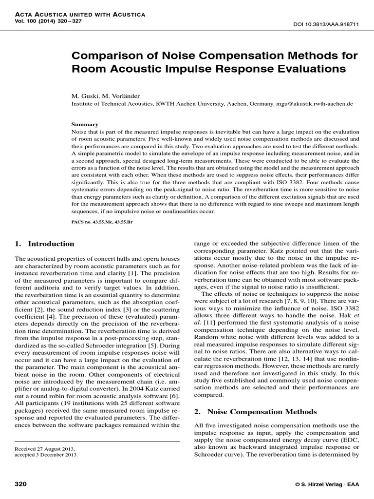 Comparison of Noise Compensation Methods For Room Acoustic Impulse ...