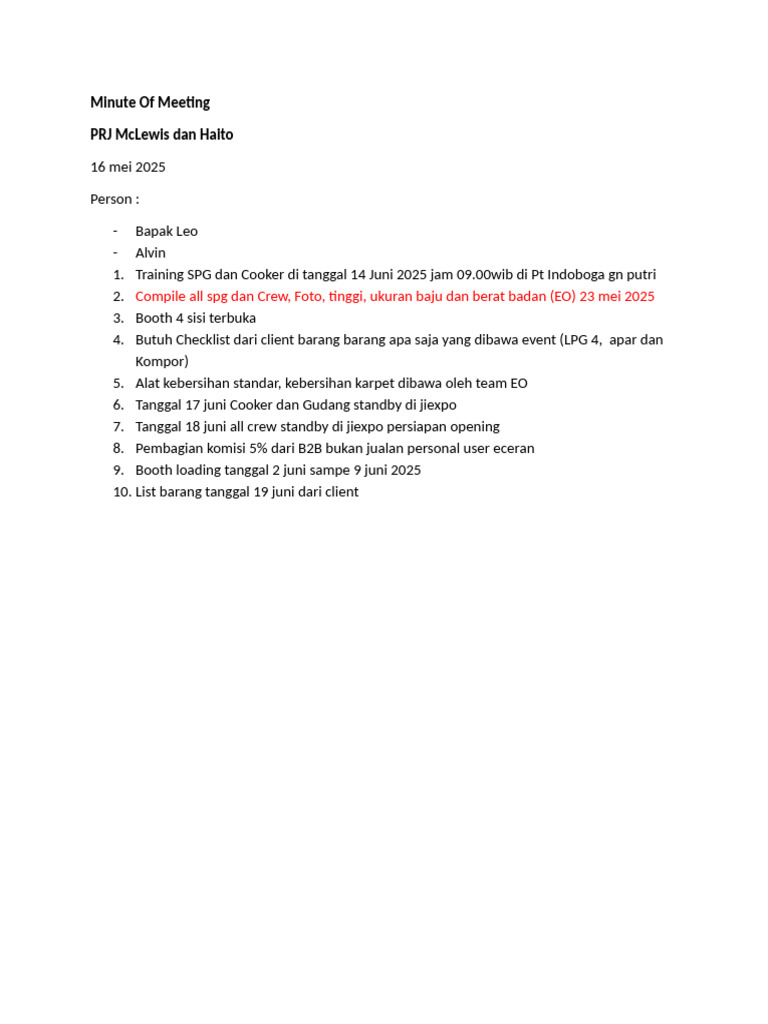 Minute of Meeting PRJ McLewis 16 Mei 2025 | PDF