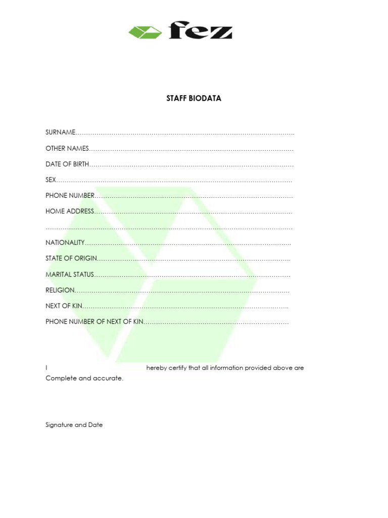 FEZ Staff Bio Data Form | PDF