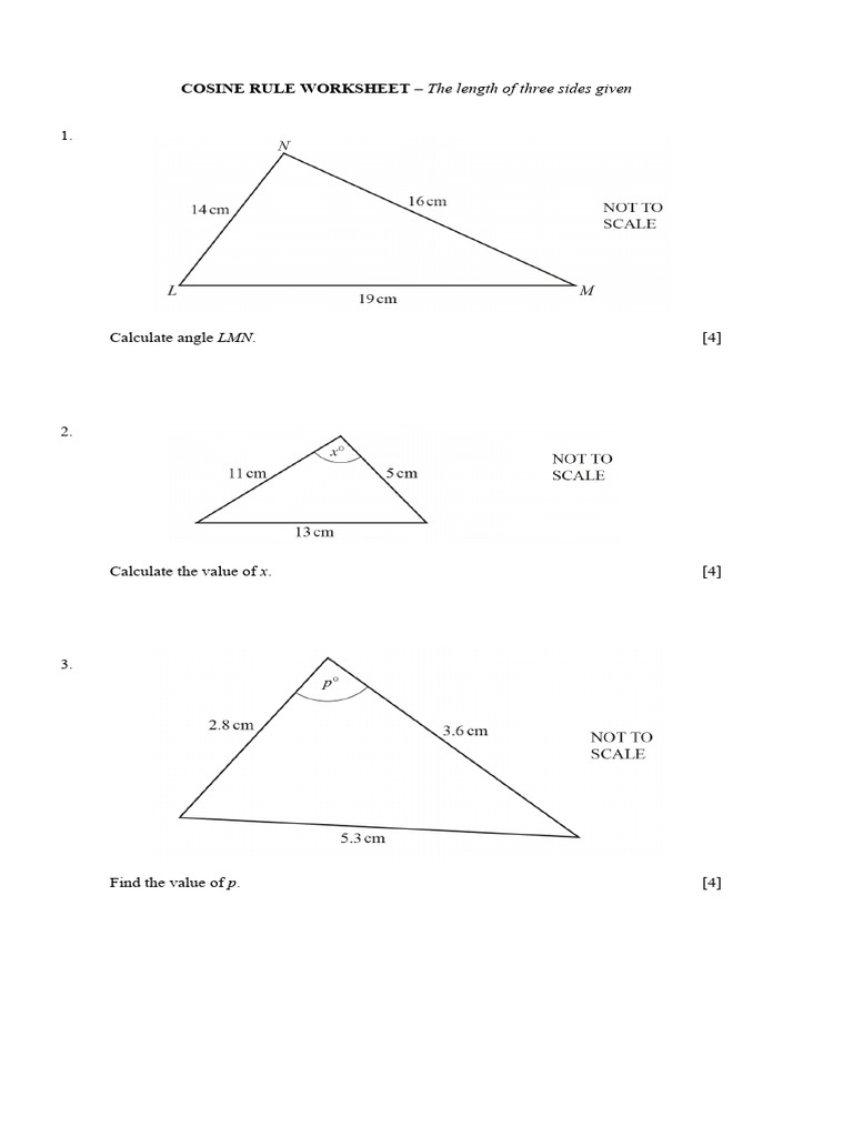 The Cosine Rule Worksheet - Three Sides Given | PDF