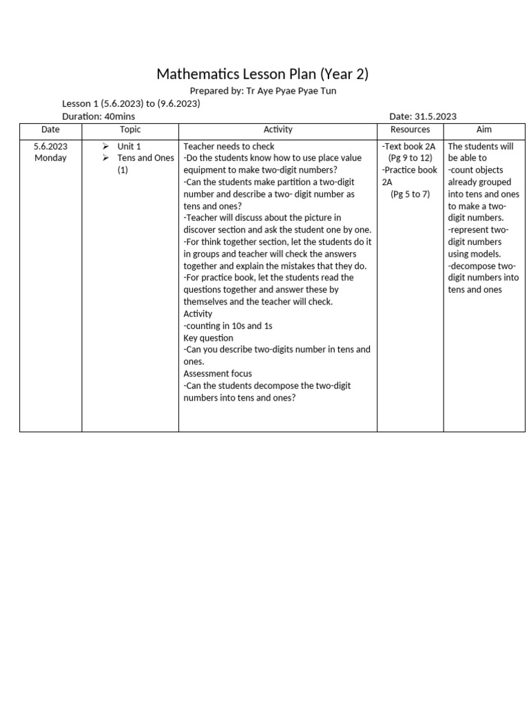 Mathematics Lesson Plan Week2 | PDF | Mathematics