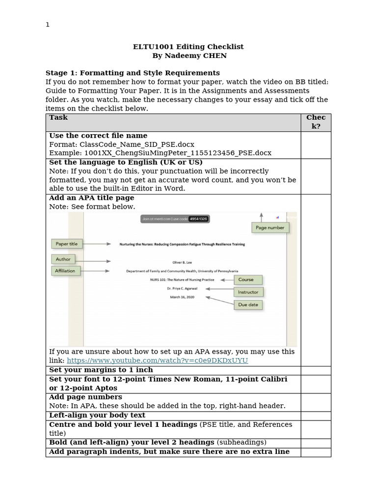 ELTU1001 Editing Checklist | PDF | Punctuation | Citation