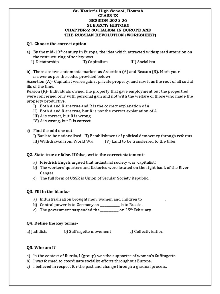 Class 9 History Chapter 2 Worksheet | PDF | Revolutions | Socialism