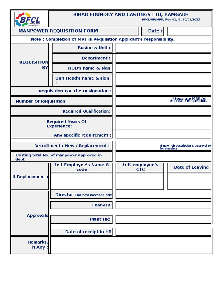 Manpower Requisition Form (MRF) BFCL | PDF