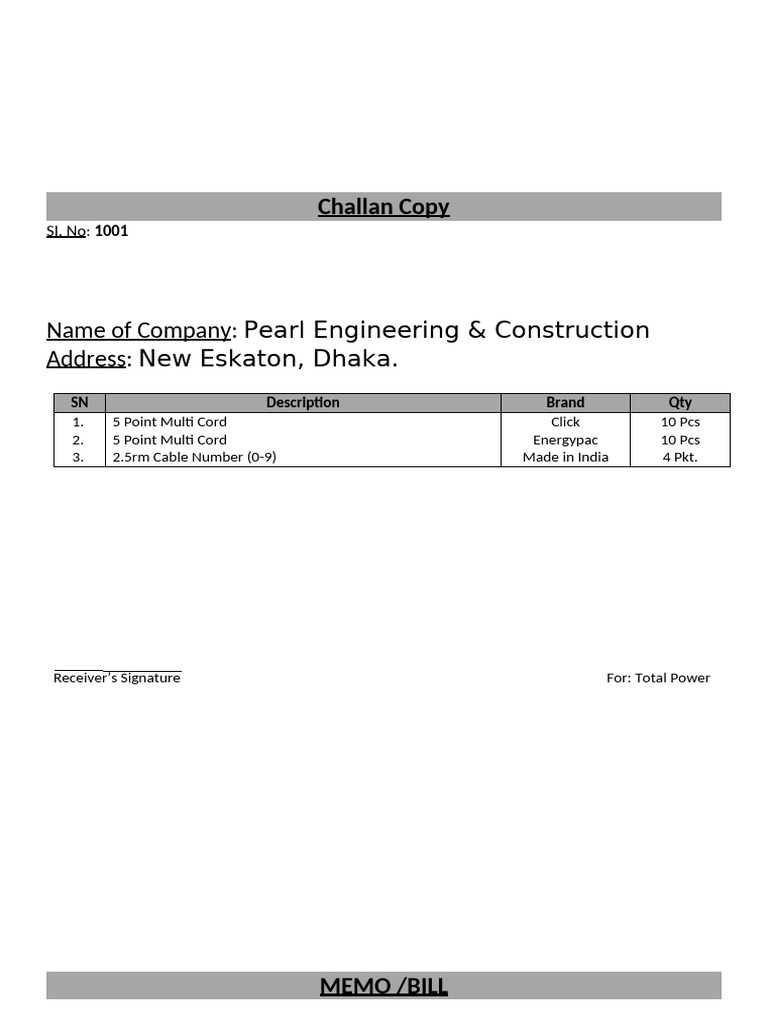 Pearl Engineering - Construction Bill - Challan | PDF