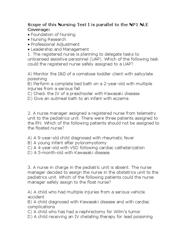 Scope of This Nursing Test I is Parallel to the NP1 NLE Coverage