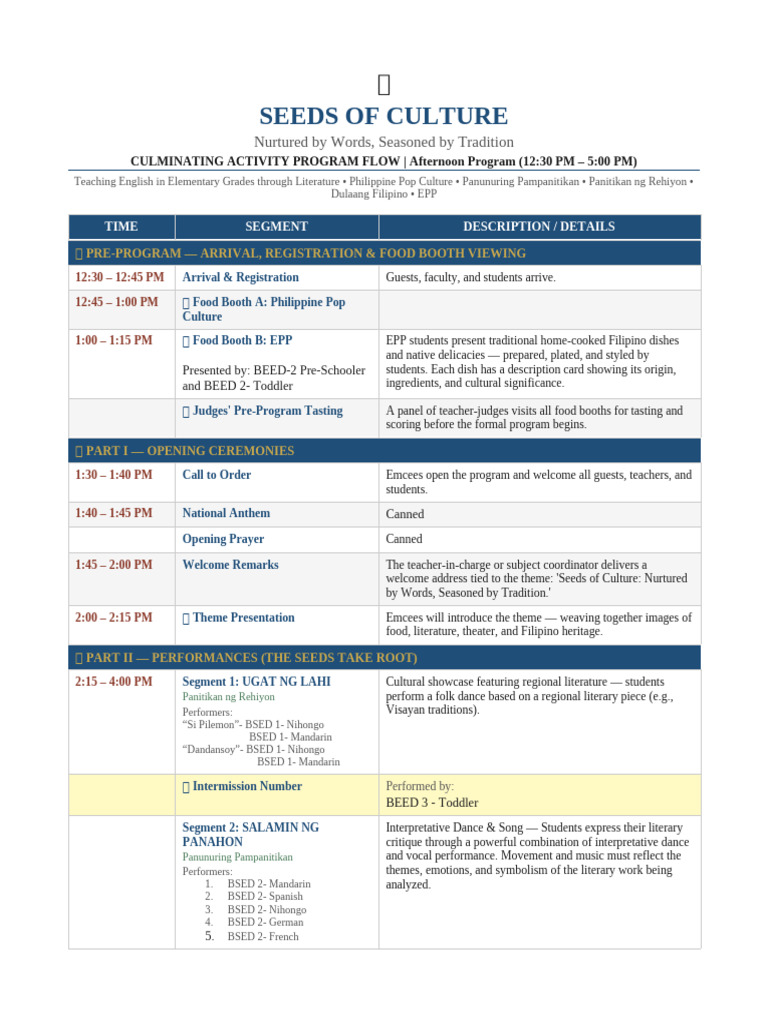 Seeds of Culture Program Flow | PDF