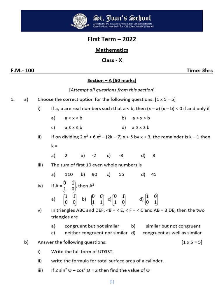 First Term Class - X | PDF | Mathematics | Elementary Mathematics