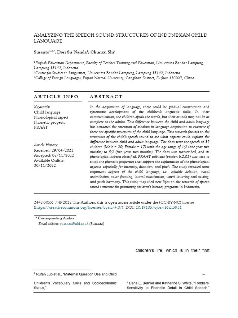 Analyzing The Speech Sound Structures of Indonesian Child Language | PDF