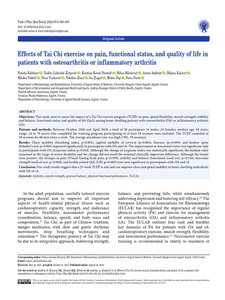 Effects of Tai Chi Exercise On Pain, Functional Status, and Quality of ...