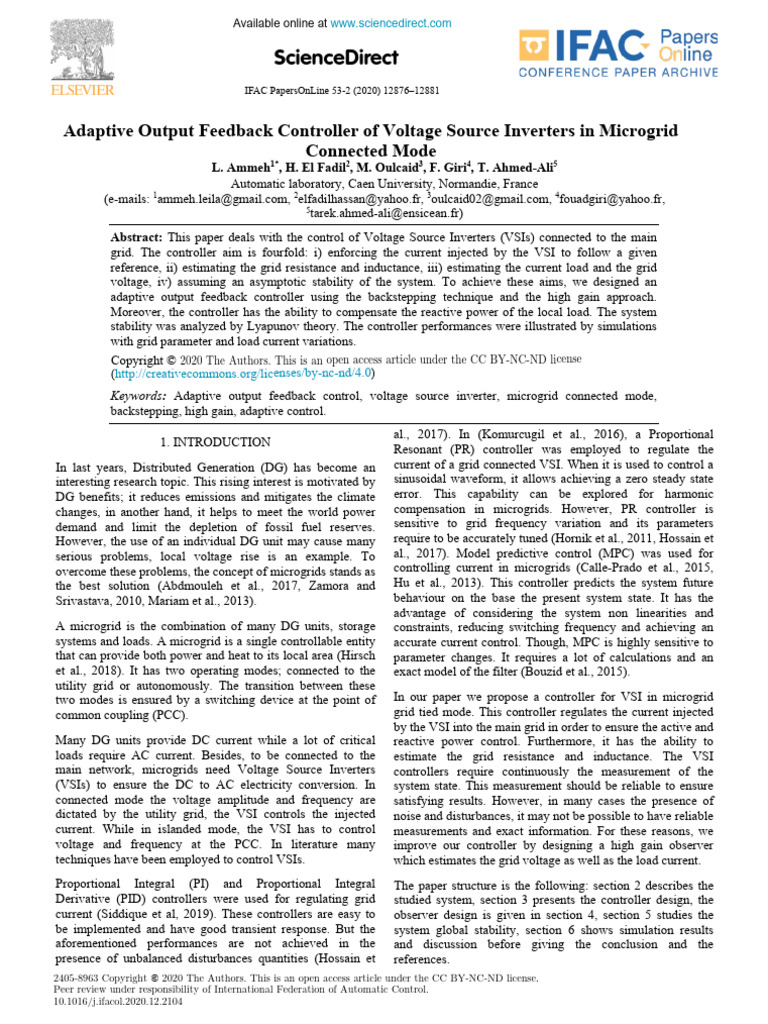 Adaptive Output Feedback Controller of VSI in Ugrid Connected Mode | PDF