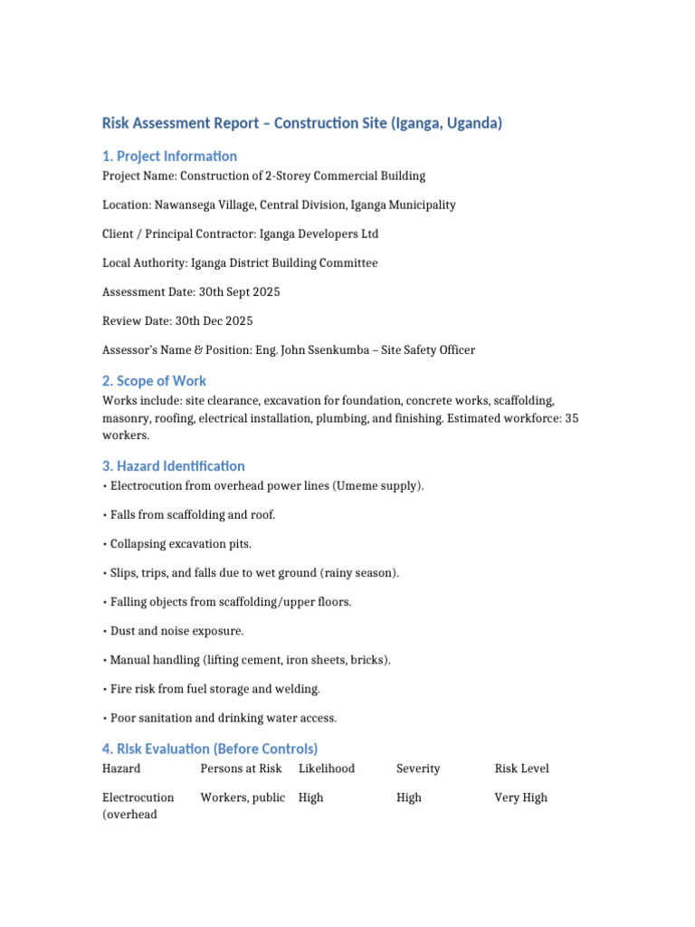 Risk Assessment Report Iganga | PDF | Sanitation | Safety