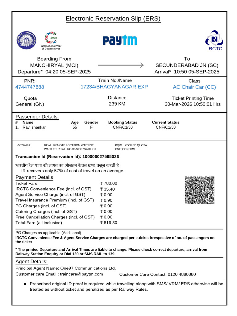Electronic Reservation Slip (ERS) | PDF | Identity Document