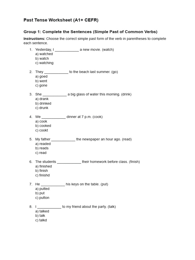 Past Tense Worksheet (A1+ CEFR) | PDF | Linguistic Morphology ...