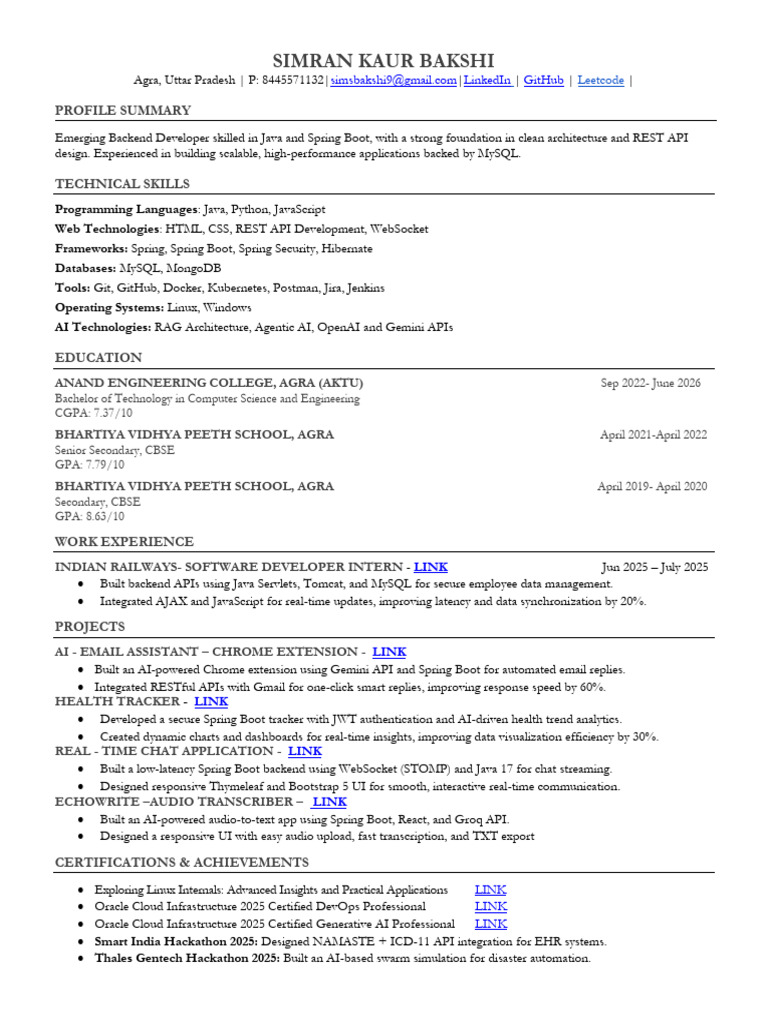 Simran Kaur Resume | PDF | My Sql | Cloud Computing