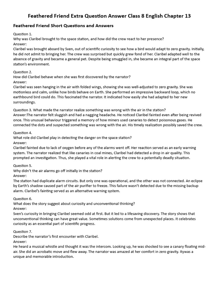 13.feathered Friend Extra Question Answer Class 8 English Chapter 13 ...
