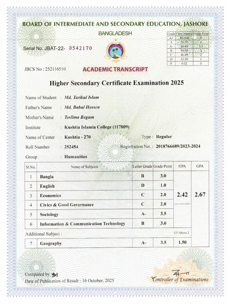 HSC - Transcript of Tarikul | PDF