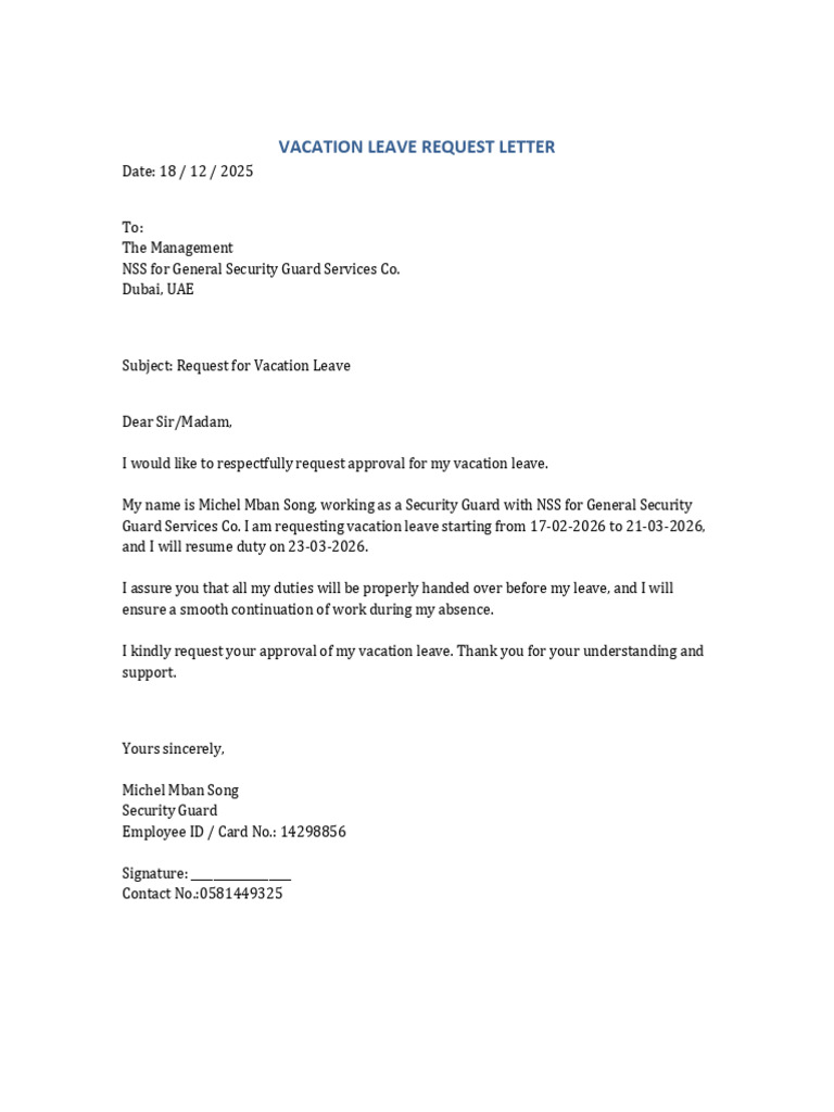 Vacation Leave Request Letter | PDF