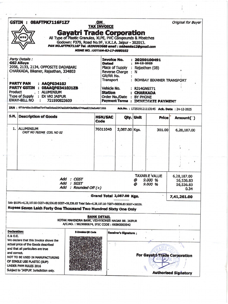 Aluminium Rod Invoice With TC | PDF
