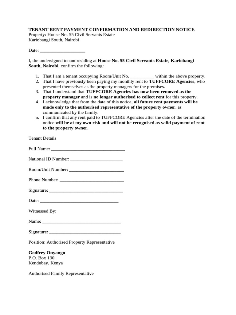Tenant Rent Payment Confirmation and Redirection Notice | PDF