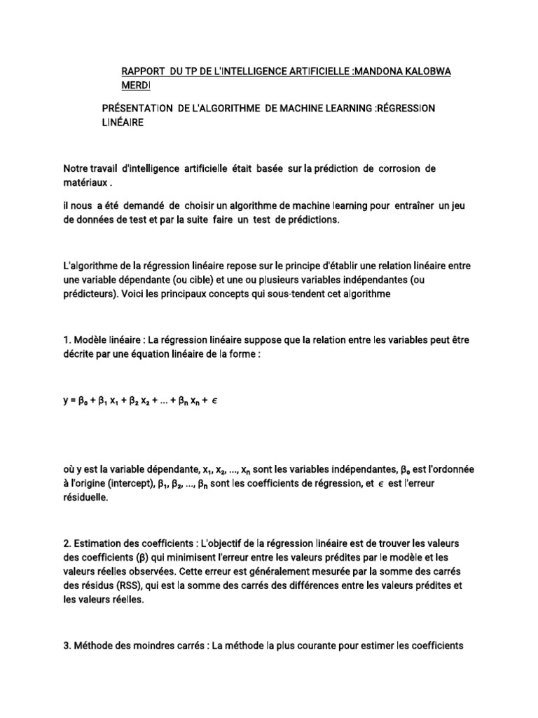 Rapport Du TP de L'intelligence Artificielle | PDF | Régression ...