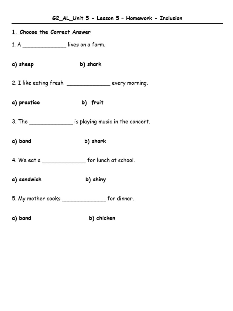 G2 - AL - Unit 5 - Lesson 5 - Homework - Inclusion | PDF