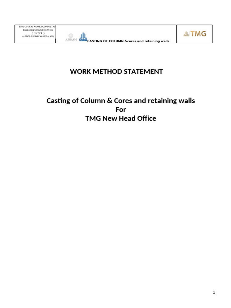 Work Method Statement. Casting of Column | PDF | Concrete | Pipe (Fluid ...