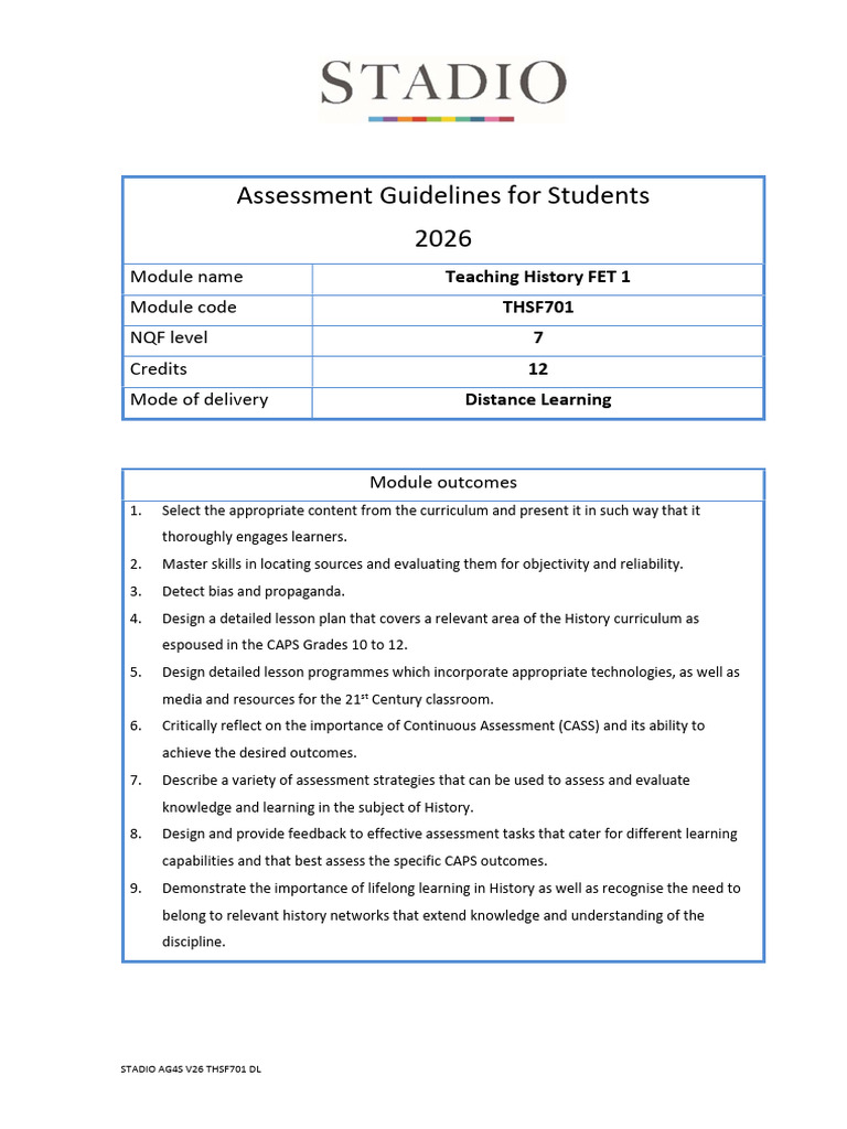 2026 STADIO Assessment Guidelines - THSF701 DL | PDF | Educational ...