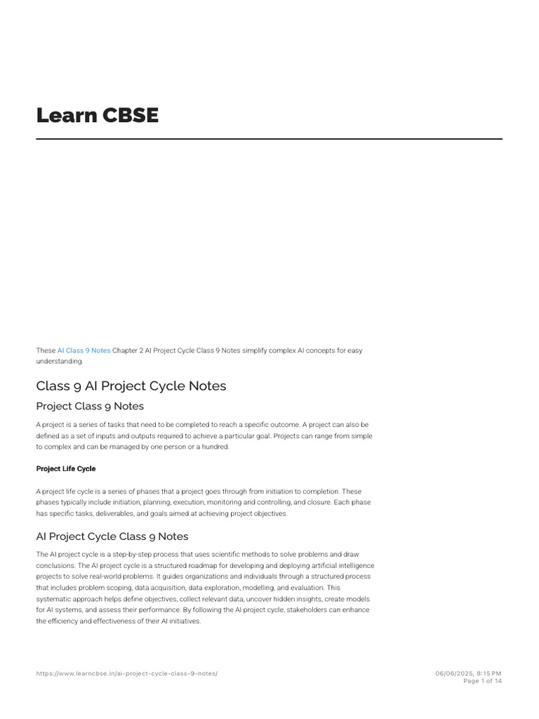 AI Project Cycle Class 9 Notes - Learn CBSE | PDF