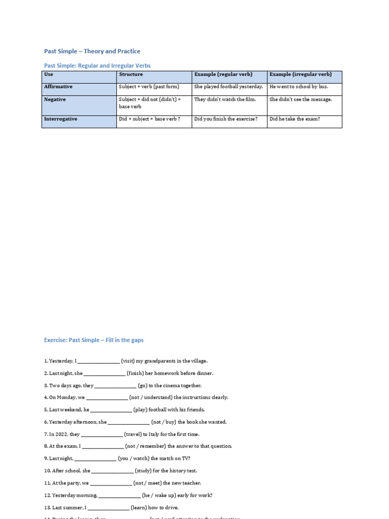 Past - Simple Theory and Practice | PDF | Chess Theory | Syntax